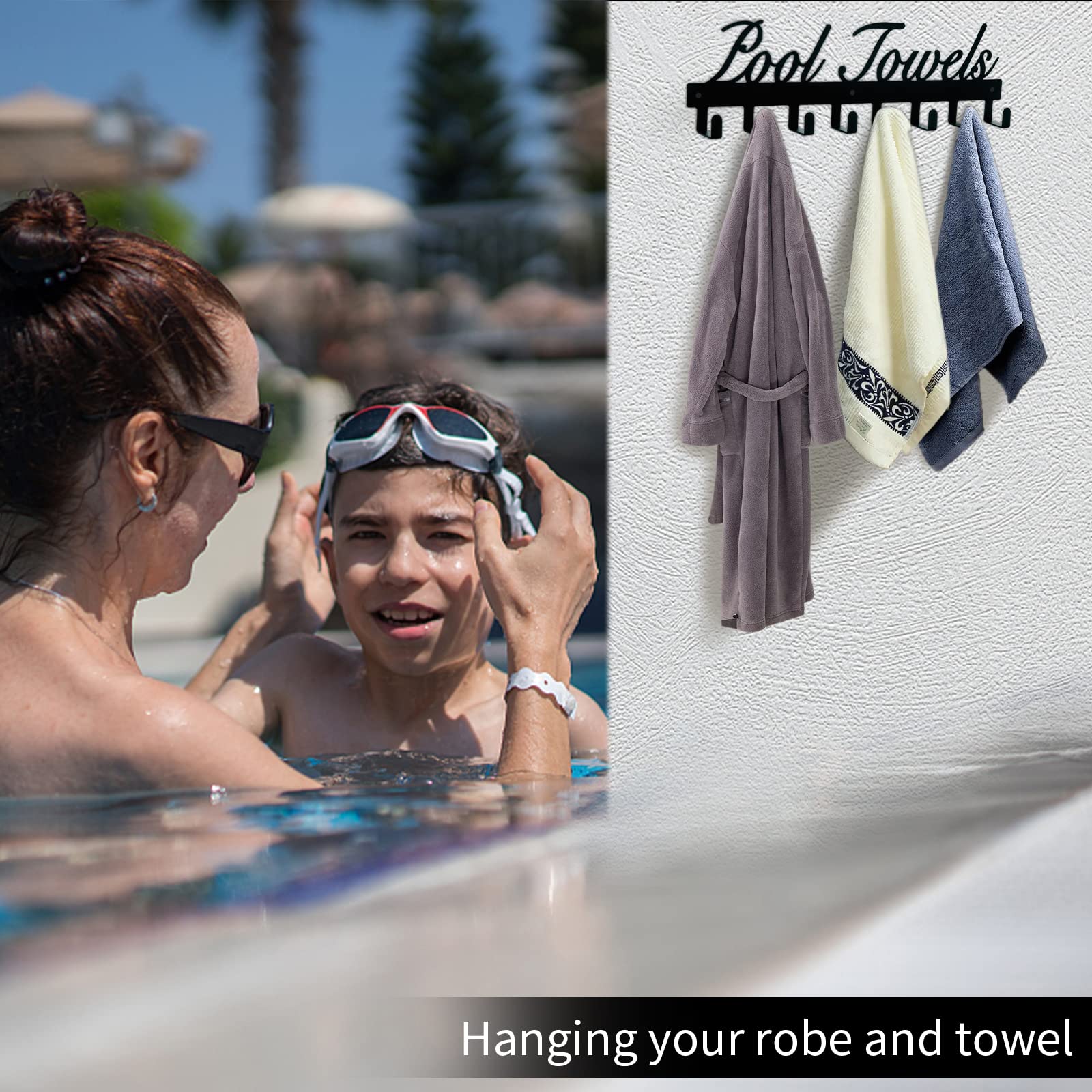 Azmoncy Pool Towel Rack, Wall Mount Pool Towel Holder Towel Hanger Towel Hooks With 8 Hooks For Hanging Heavy Duty, Pool Accesso